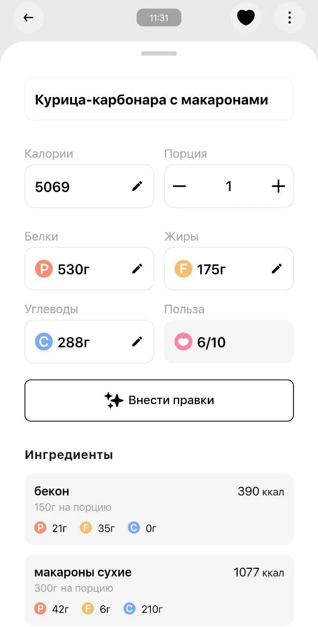 Дневник КБЖУ за день: разбивка по приёмам пищи и итоговая сводка
