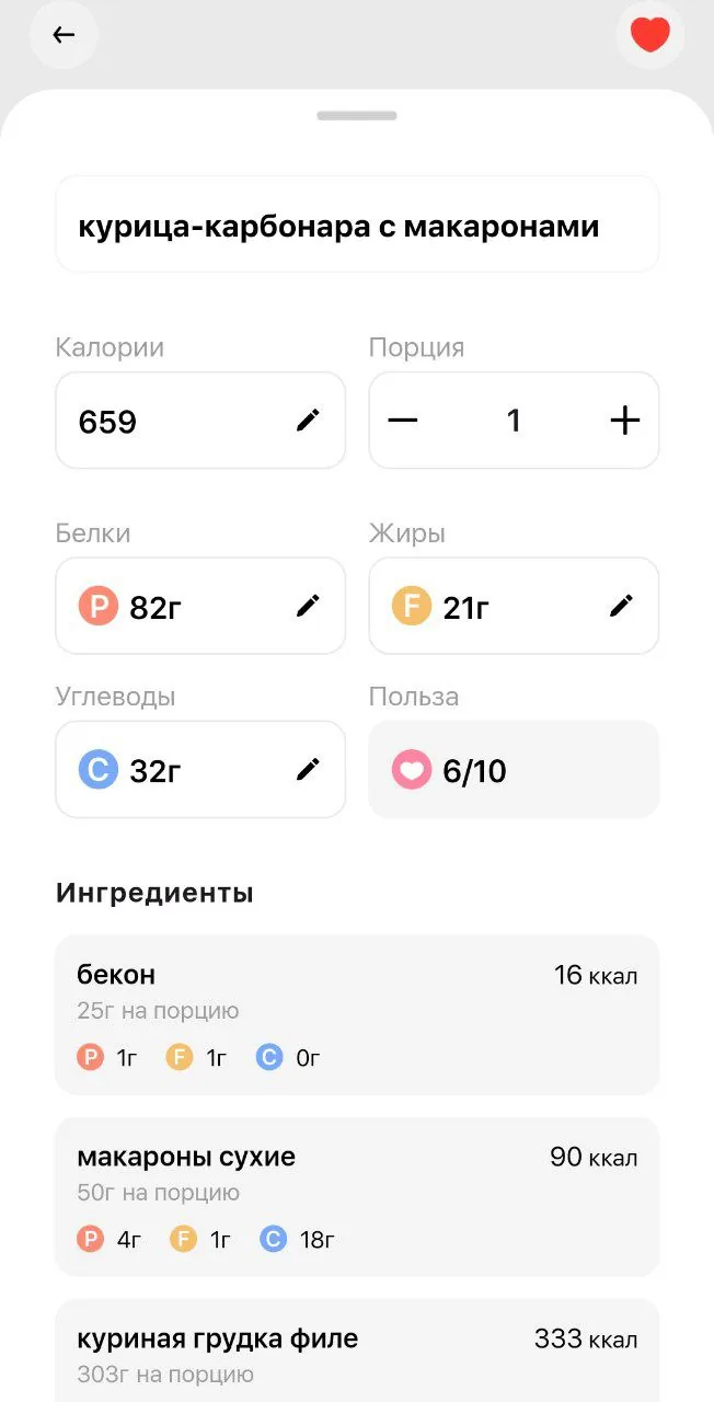 Недельная сводка по калориям и КБЖУ в приложении для подсчёта